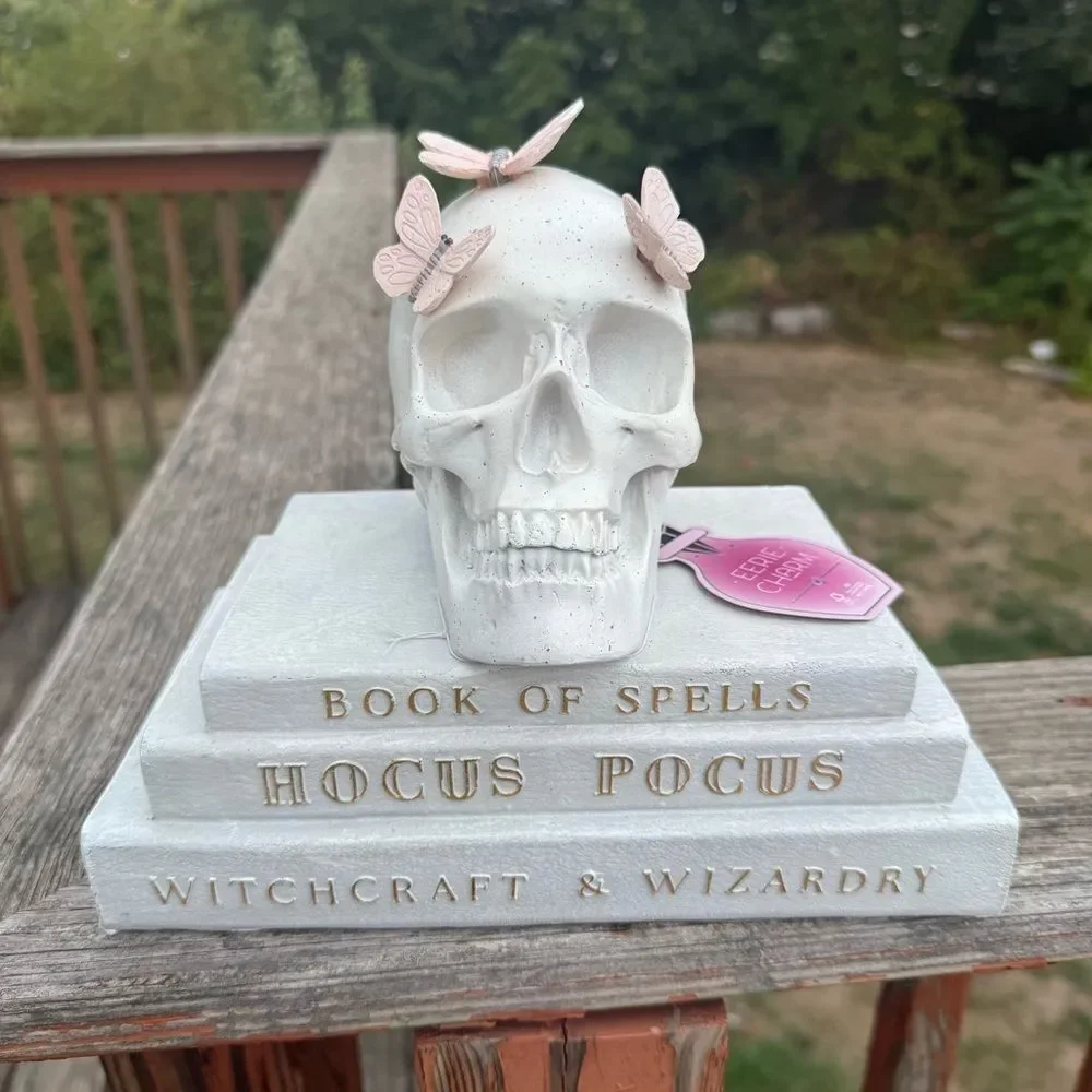 NEW Halloween Book Skull Stack Hocus Pocus Decor Butterflies White Pastel Pink
